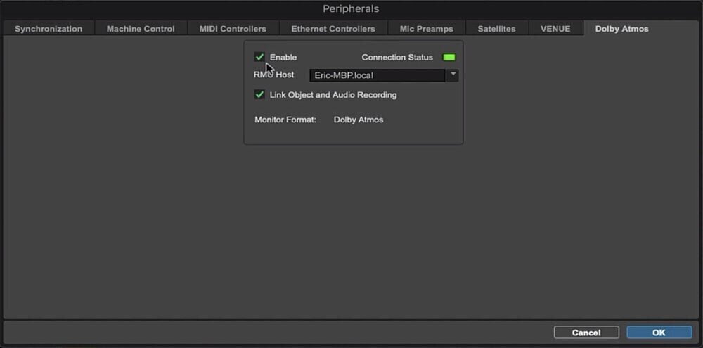 Pro Tools Peripherals Window - Dolby Atmos Tab