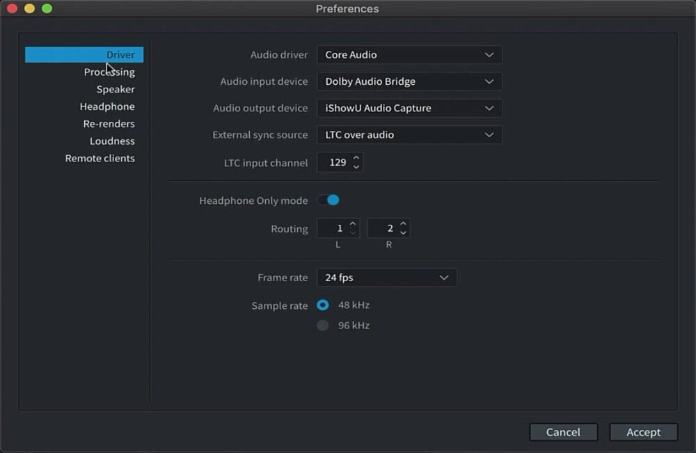 Dolby Atmos Production Suite Preference Window